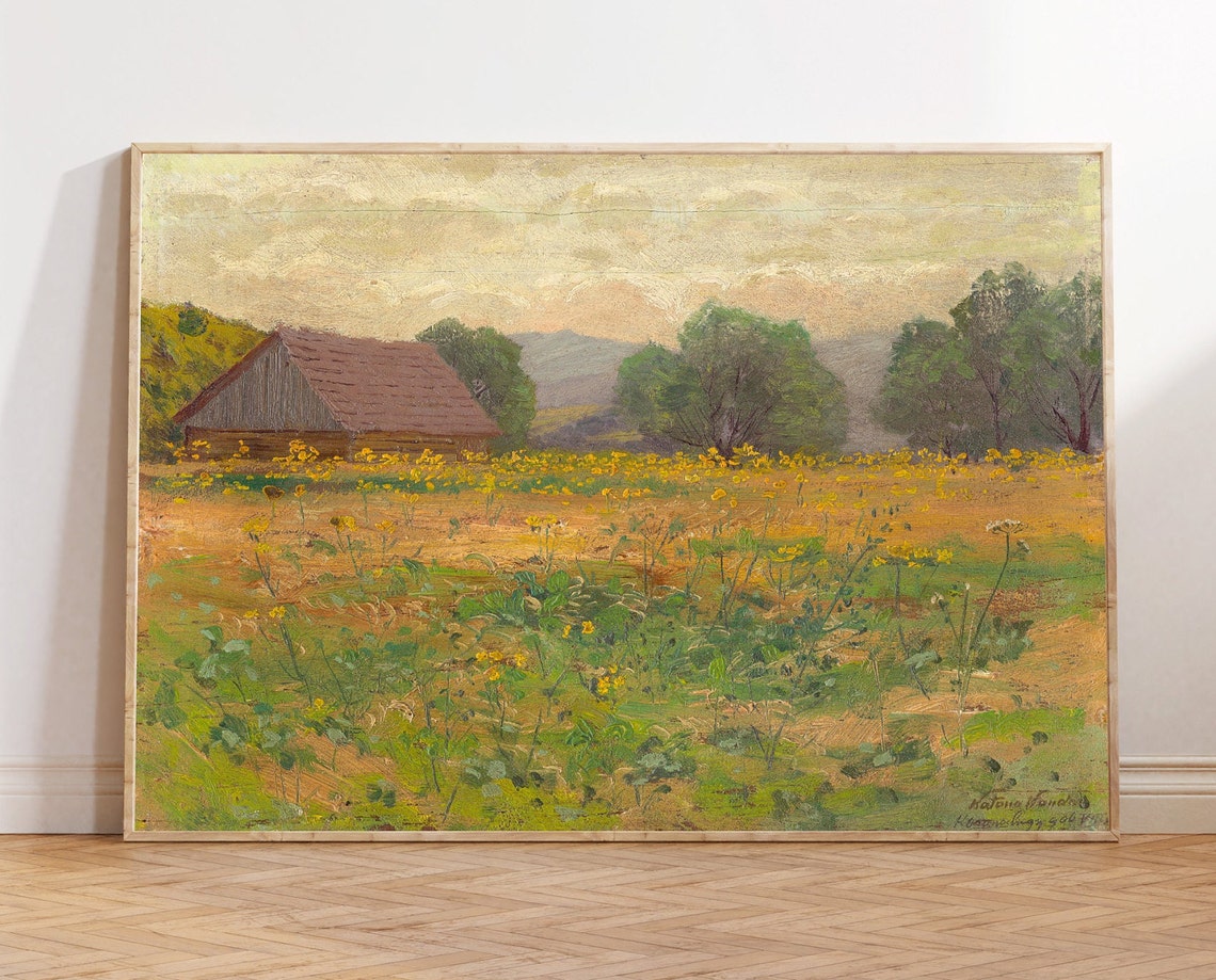 Rustic Barn Among Yellow Wildflowers Vintage Farm Painting Poster