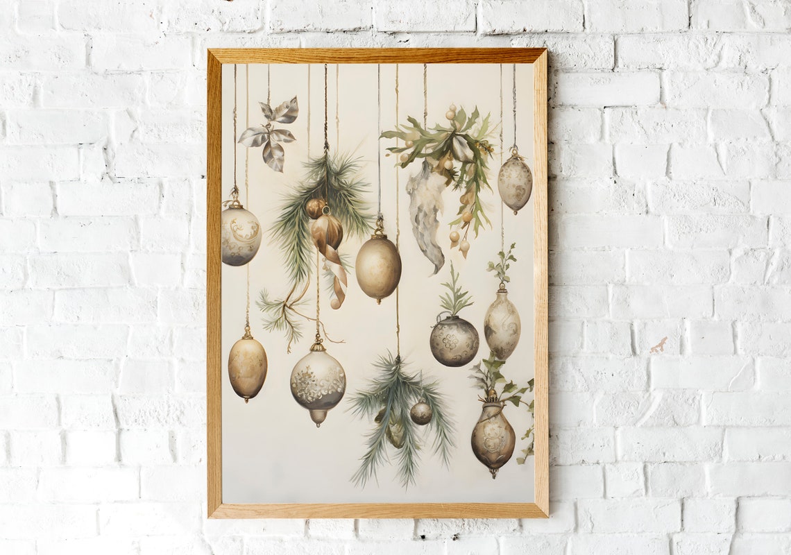 Vintage Ornaments and Dried Greenery Hanging Christmas Holiday Poster - Image 2