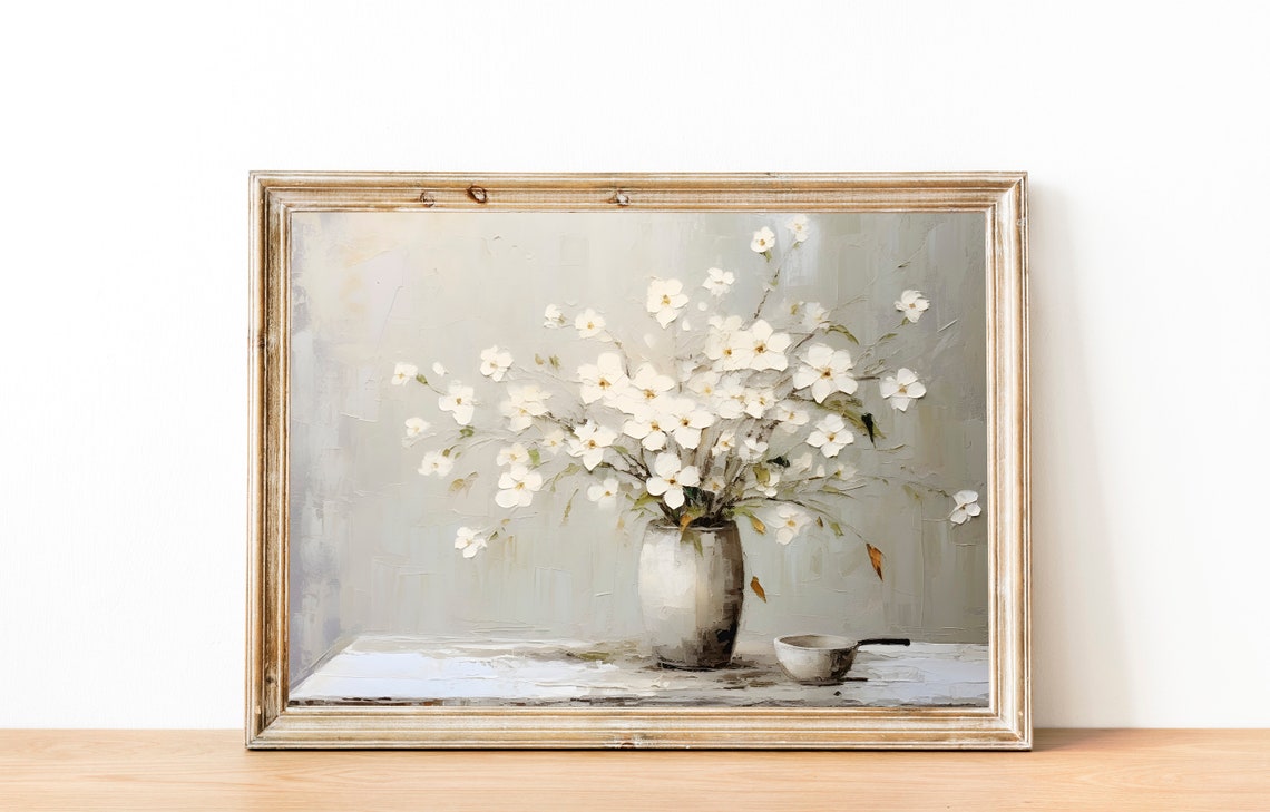 White Flowers Still Life Painting Neutral Vase Botanical Art Poster - Image 2