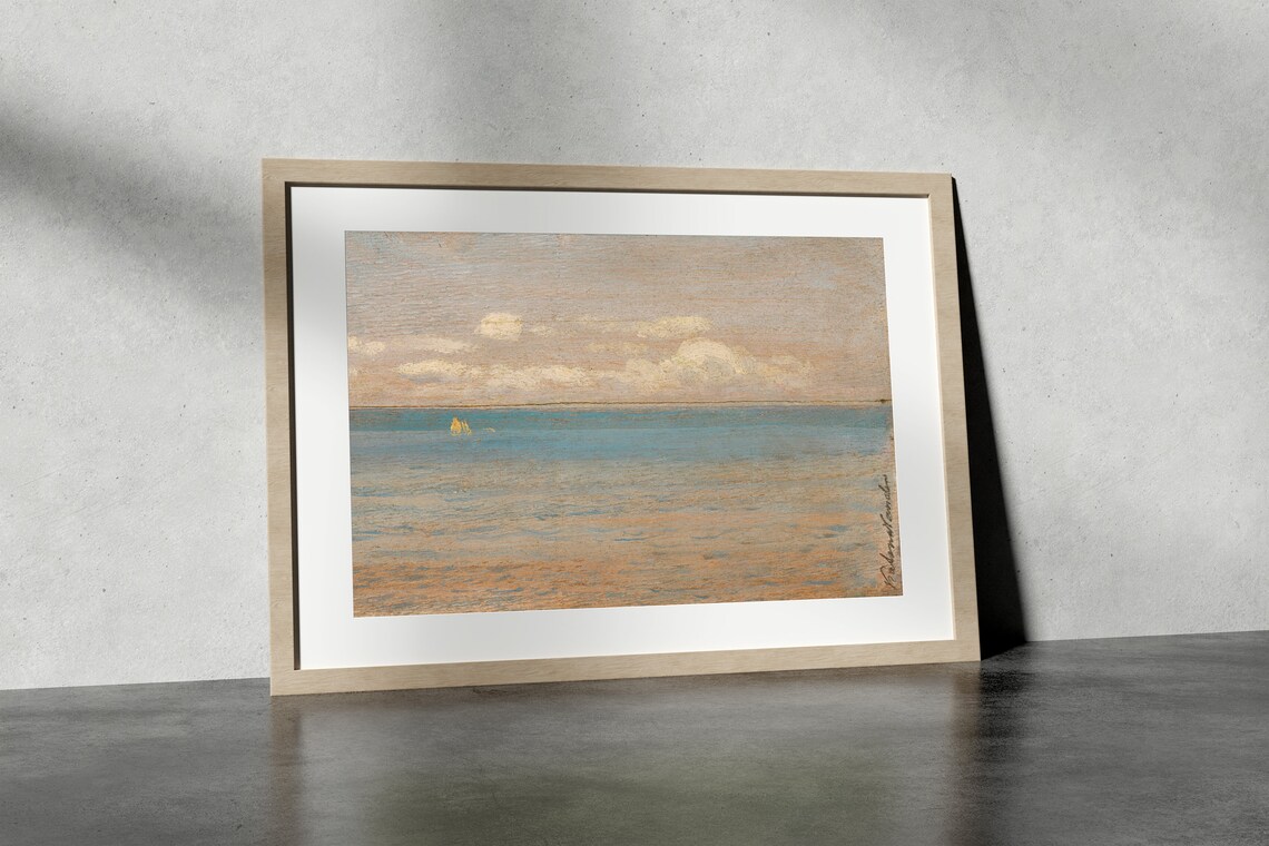 Minimal Neutral Seascape Tiny Sailboats Vintage Coastal Painting Poster - Image 4