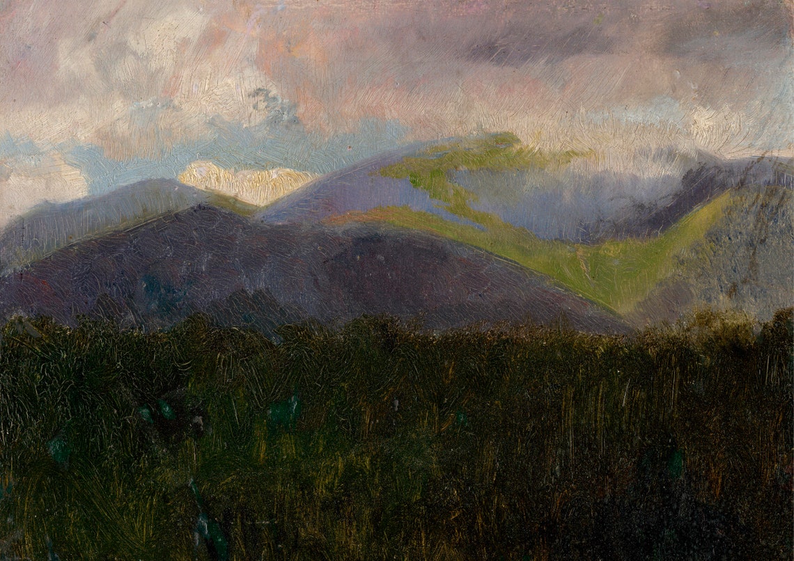 Purple Mountain Peaks At Dusk Pink Clouds Landscape Painting Poster - Image 7