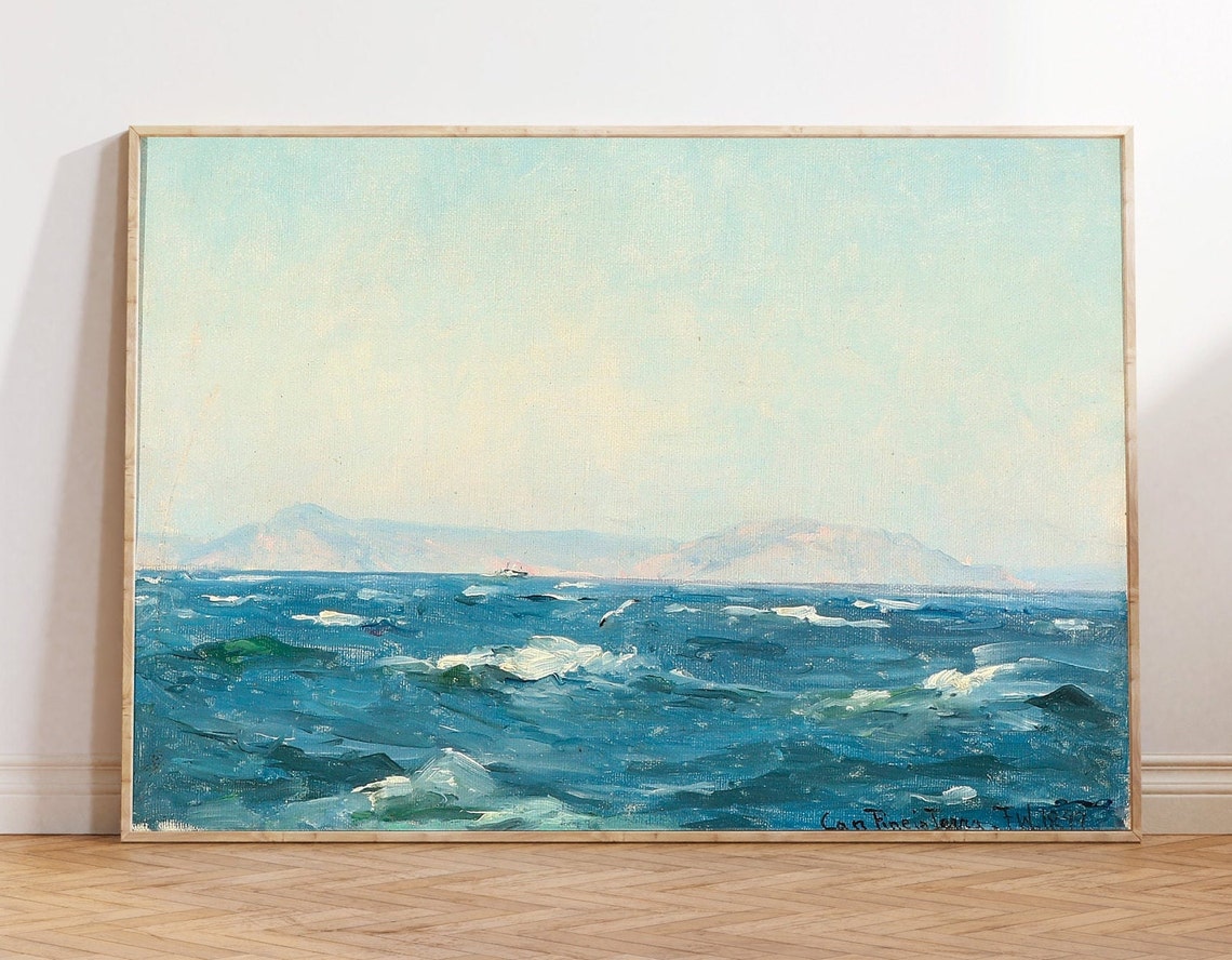 Bright Blue Ocean Waves Distant Coast Vintage Seascape Painting Poster