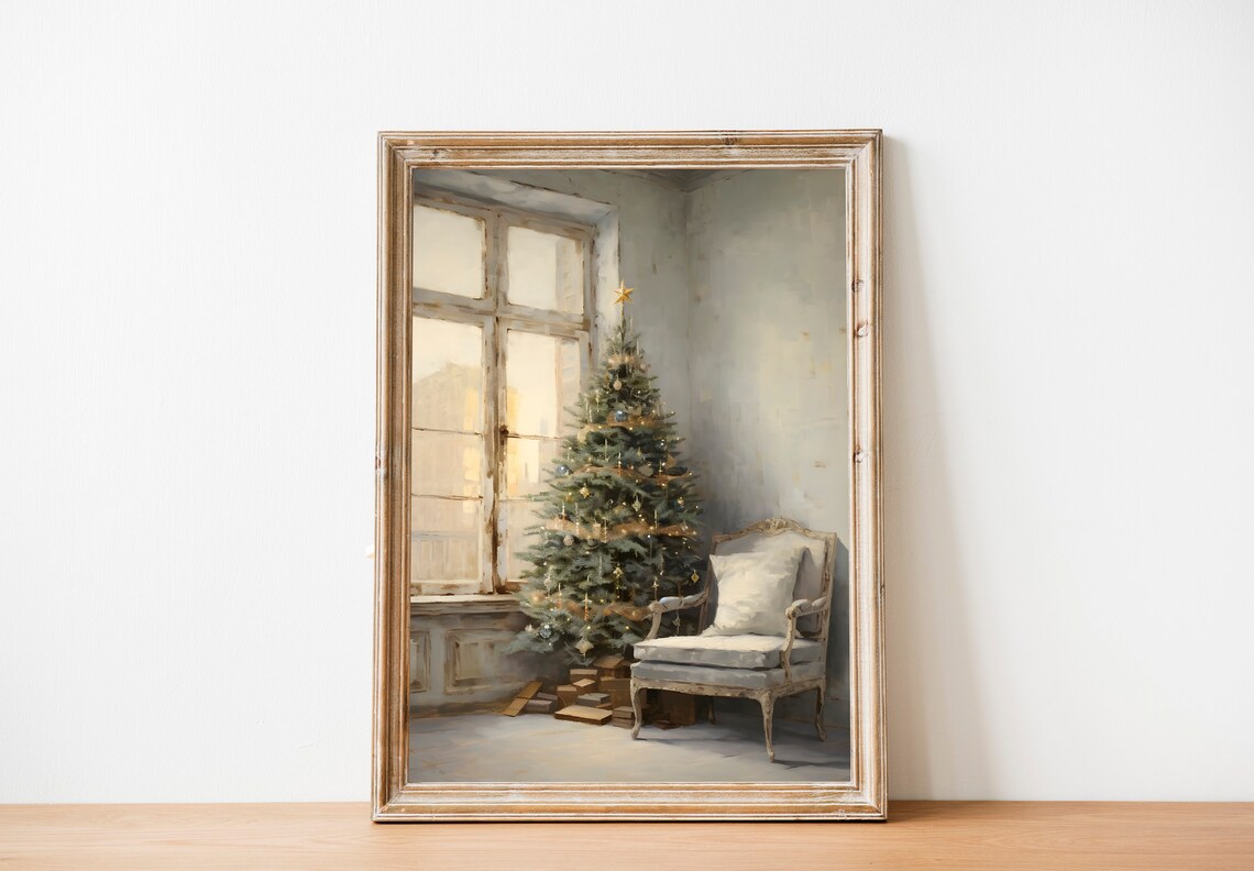 Christmas Tree by Window Beside French Armchair Neutral Art Poster - Image 3