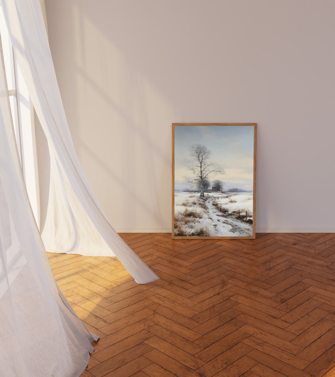 Lone Tree in Snowy Field with Frozen Stream and Farmhouse Poster - Image 5