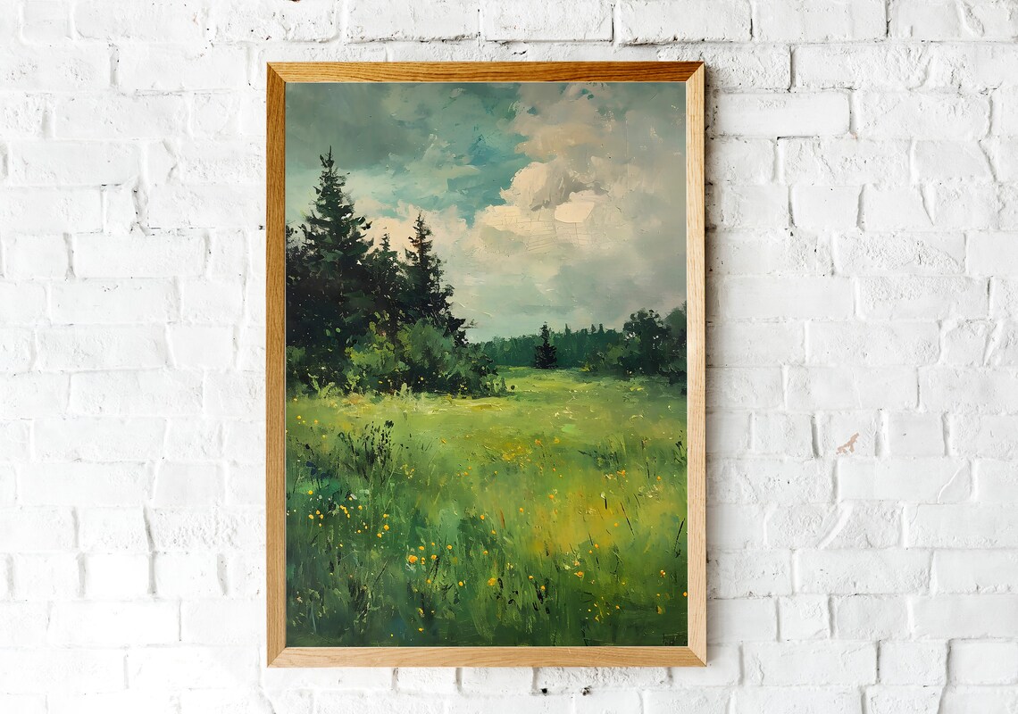 Wildflower Landscape Painting Meadow Pines Cloudy Sky Spring Art Poster - Image 2