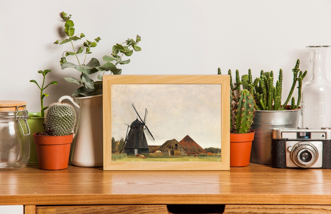 Dutch Farmhouse Windmill, Holland Countryside Art - Image 2