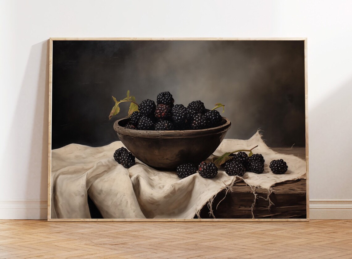 Blackberry Moody Still Life, Rustic Kitchen Art Print