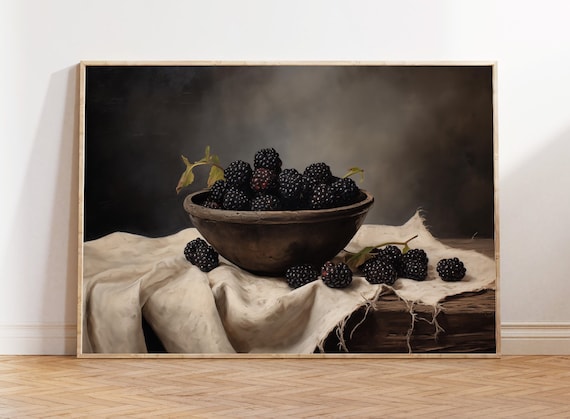 Blackberry Moody Still Life, Rustic Kitchen Art Print