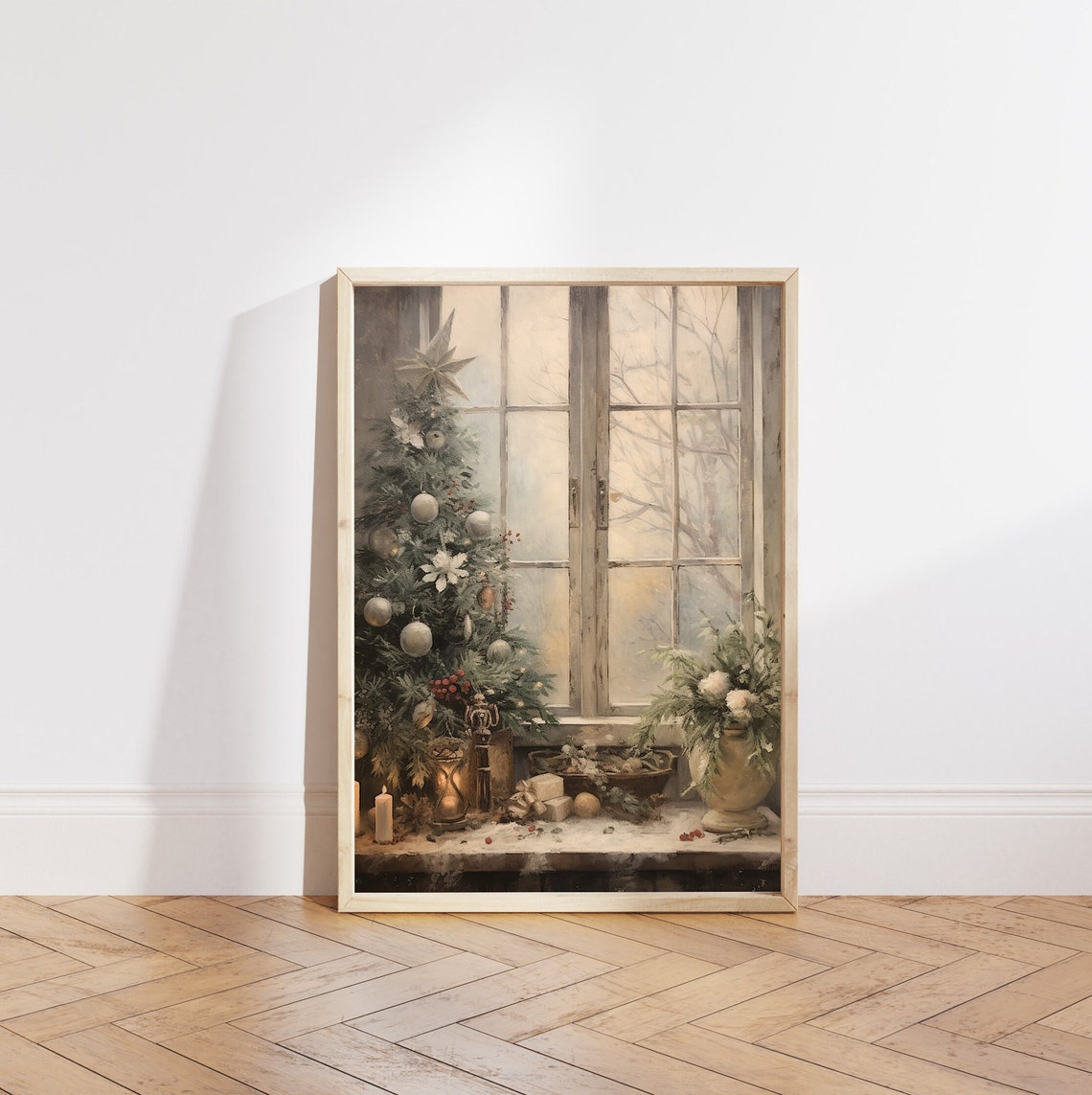 Snowy Christmas Tree by Frosty Window with Glowing Candles Poster - Image 5