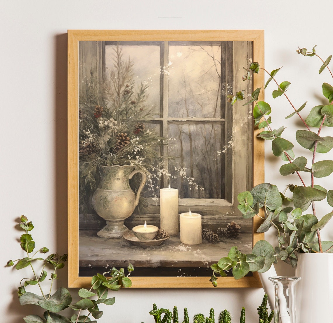 Stoneware Pitcher with Snowy Pine and Candles at Window Poster