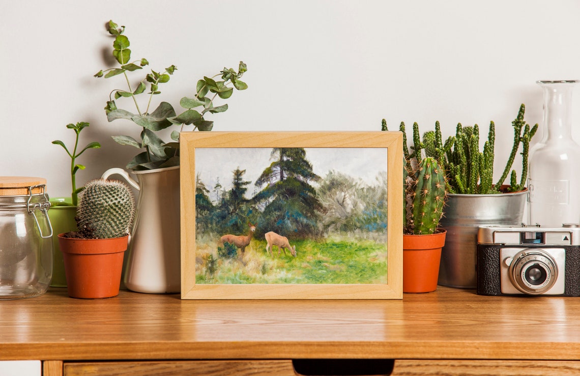 Two Roe Deer In Summer Meadow Pine Forest Wildlife Painting Poster - Image 2