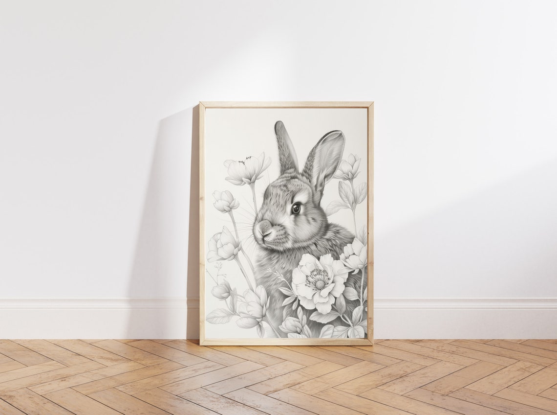 Pencil Sketch Rabbit with Flowers Neutral Monochrome Nursery Wall Art - Image 4