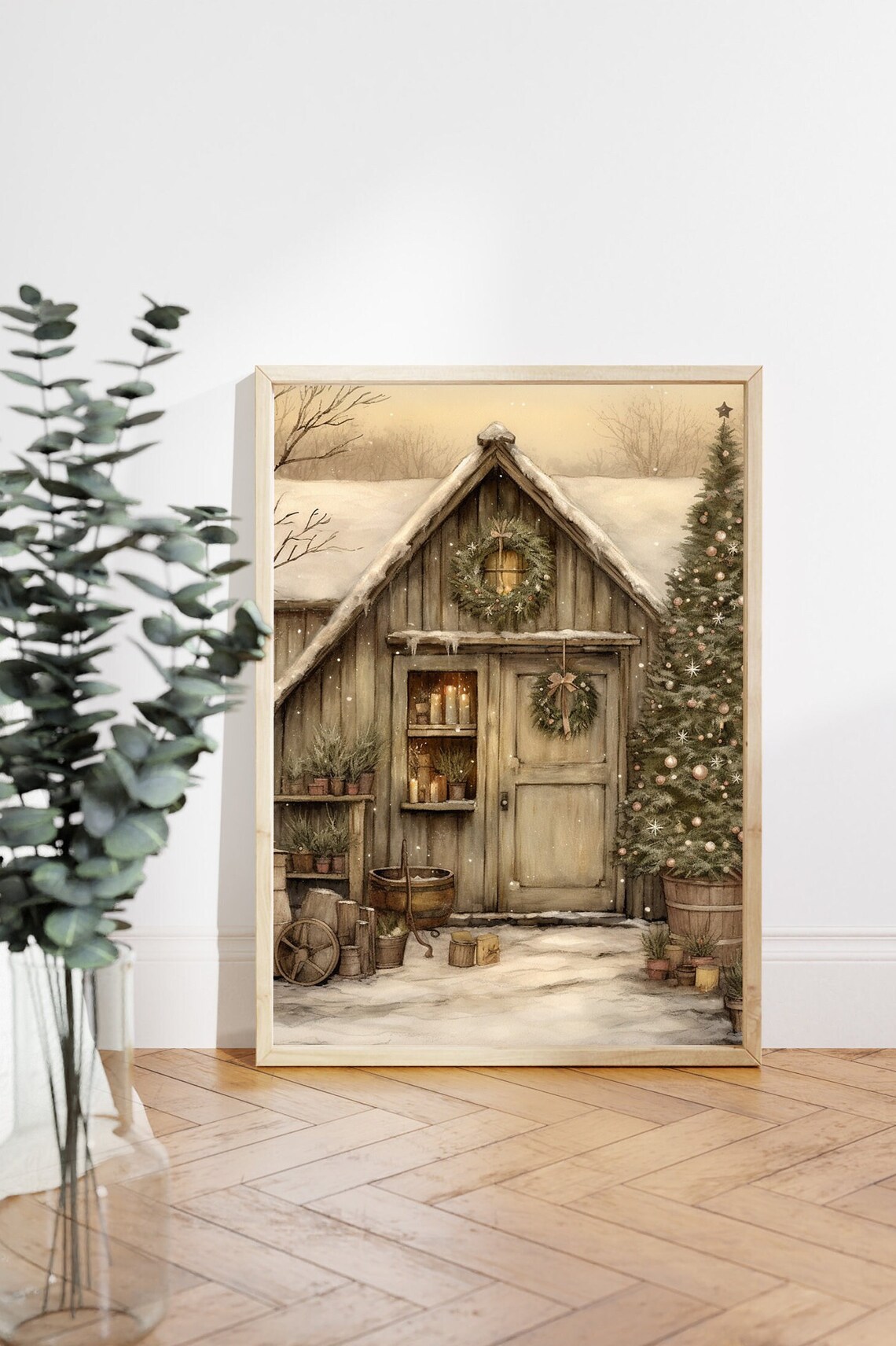 Rustic Christmas Shed with Wreaths Candles and Decorated Tree Poster - Image 4