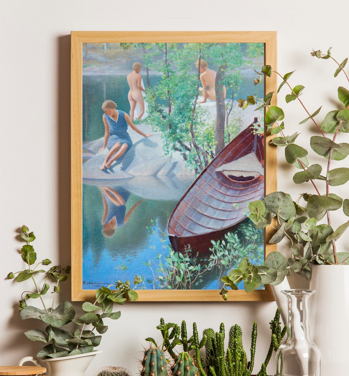 Summer Lake Bathers Woman In Blue Canoe 1931 Vintage Painting Poster - Image 2