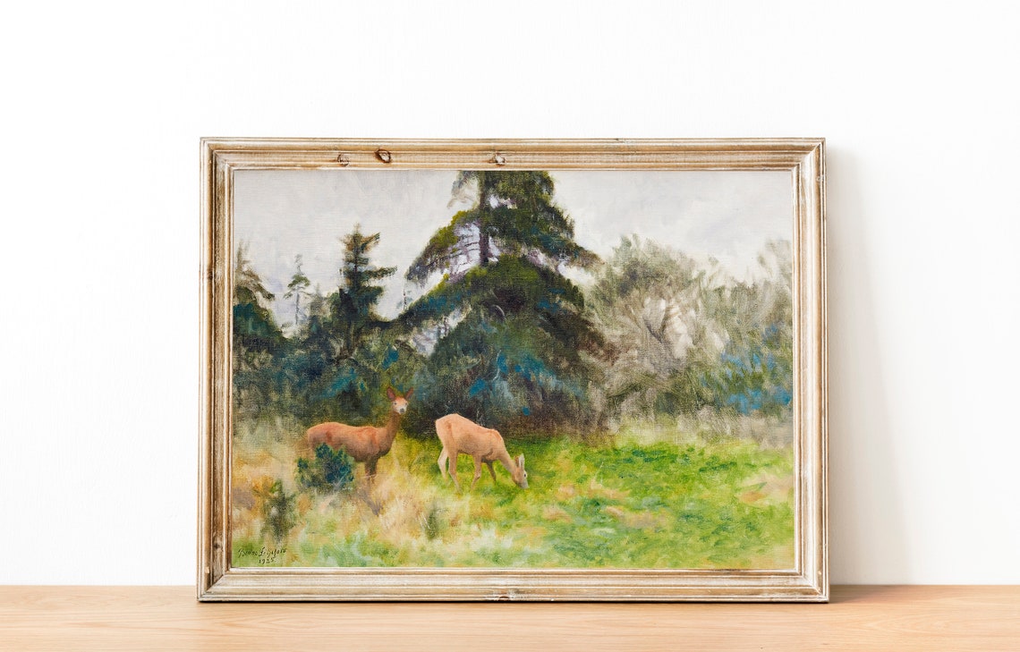 Two Roe Deer In Summer Meadow Pine Forest Wildlife Painting Poster - Image 3