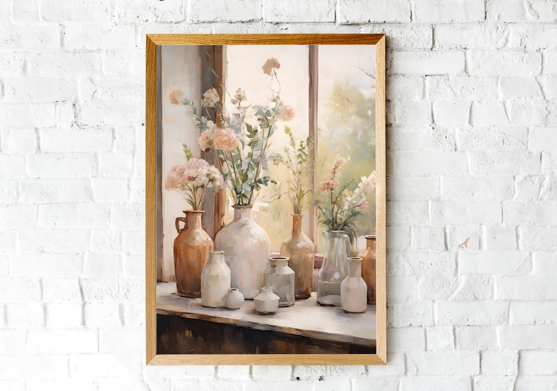 Clay Vases with Wildflowers on Sunlit Sill Watercolor Poster - Image 2