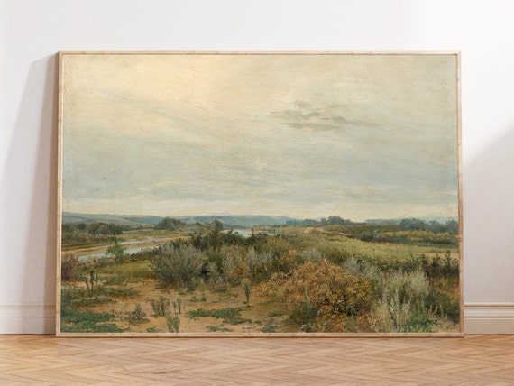 Cottage Landscape Painting Vintage Aesthetic Muted Landscape Wall Art Meadow Wall Art Vintage Country Landscape Art Print