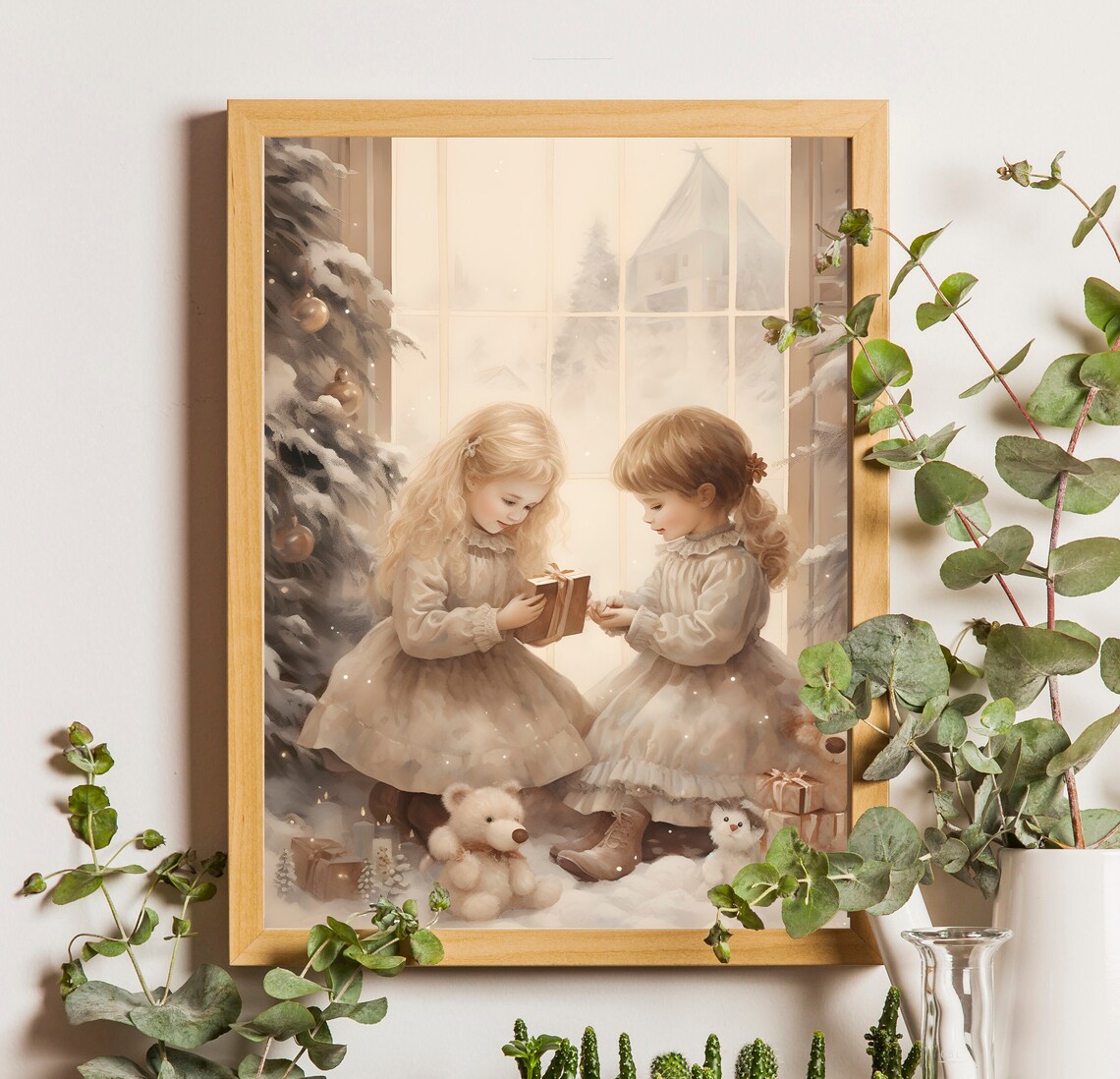 Christmas Little Girls Vintage Christmas Art Print