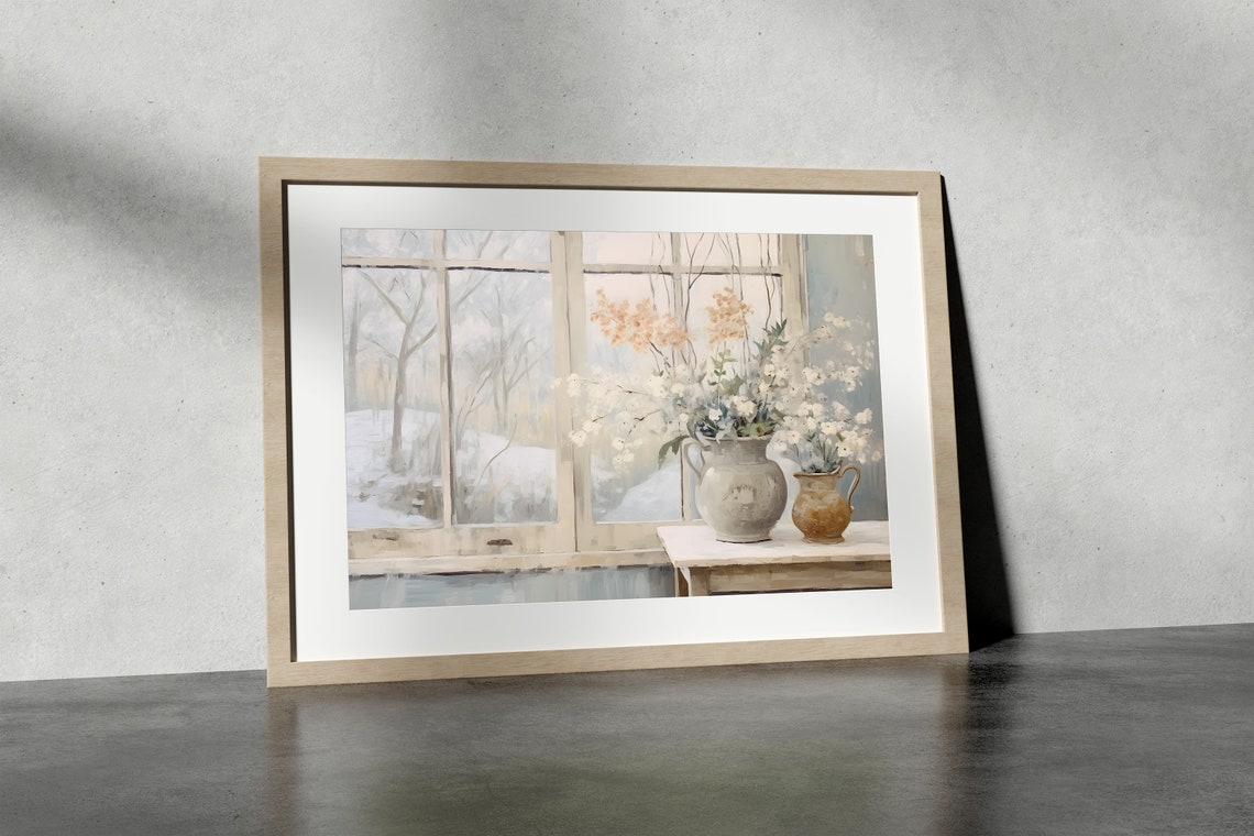 White Wildflowers in Vases by Snowy Window Soft Watercolor Poster - Image 3