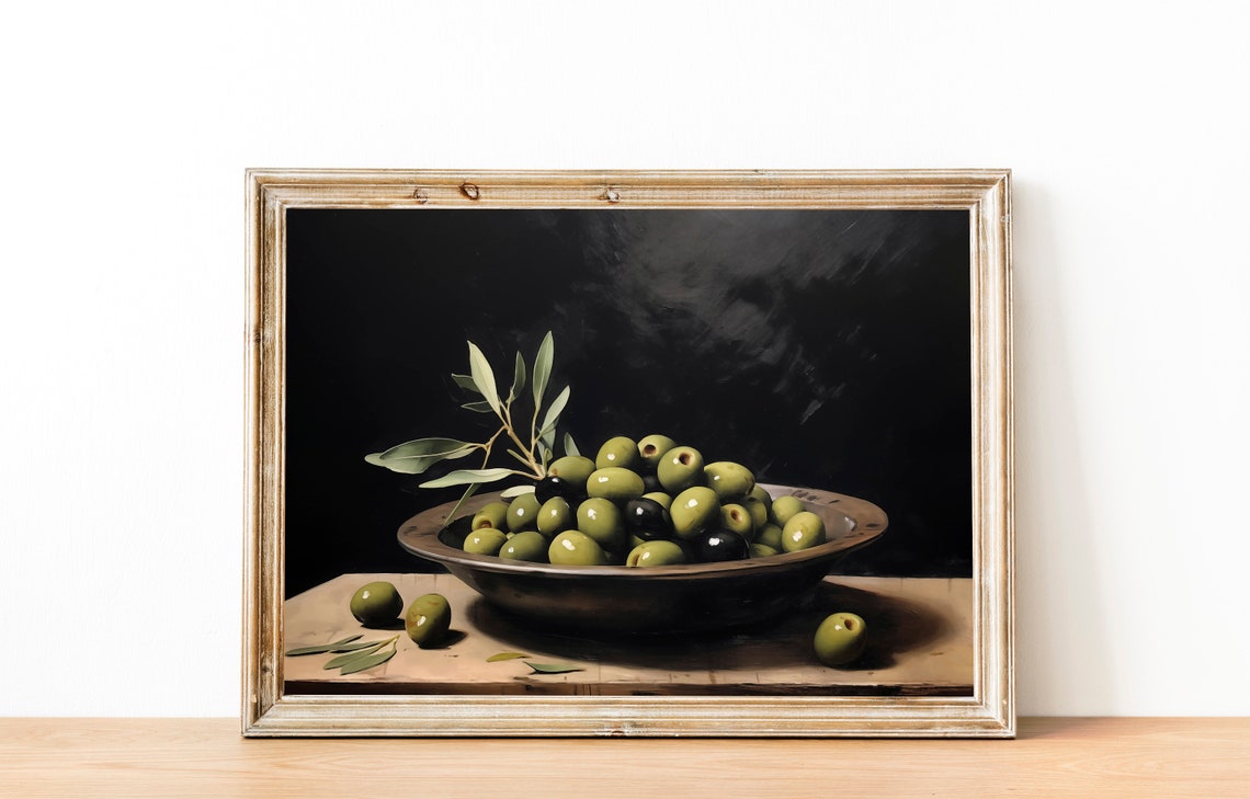 Green Olives in a Rustic Metal Bowl Moody Dark Kitchen Wall Art - Image 2