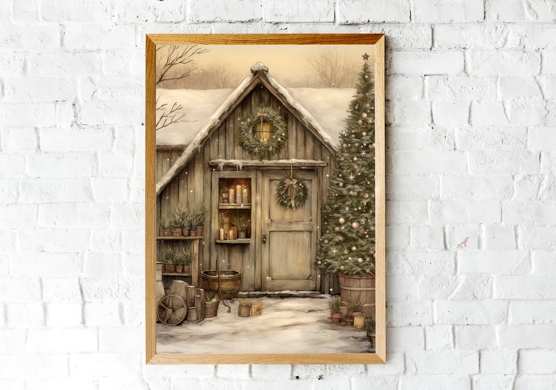Rustic Christmas Shed with Wreaths Candles and Decorated Tree Poster - Image 2