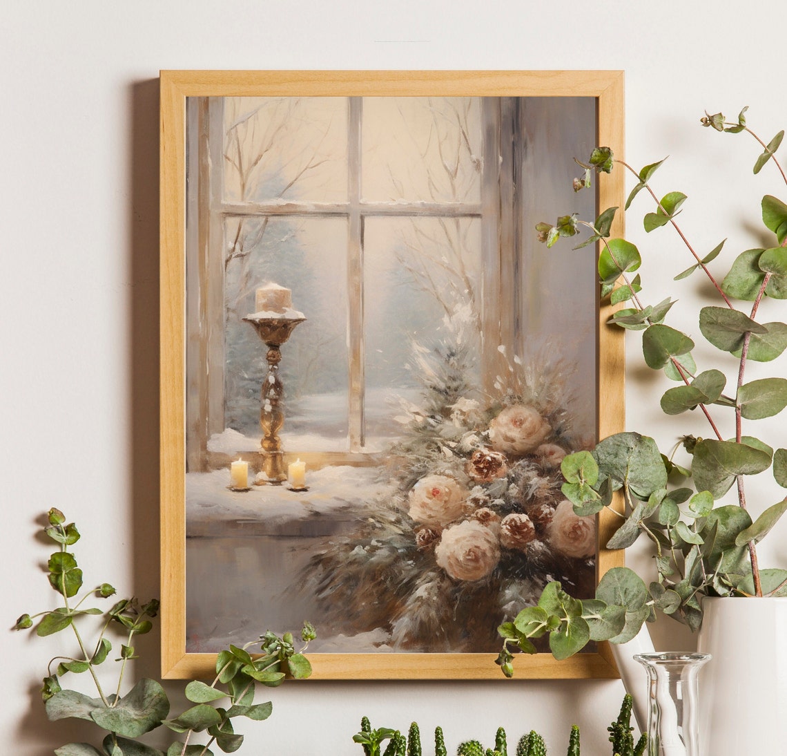 Candlelit Winter Window with Roses and Pinecones Snowy Poster