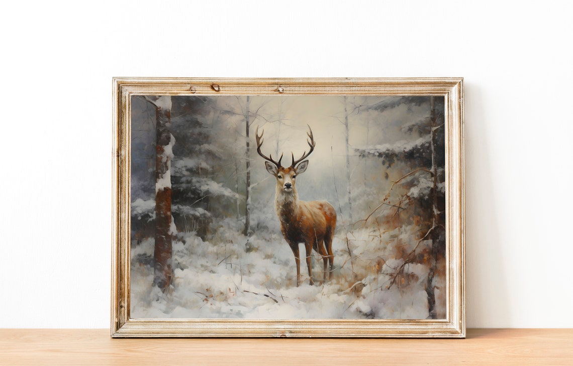 Stag in Snowy Pine Forest Gazing at Viewer Winter Wildlife Poster - Image 2