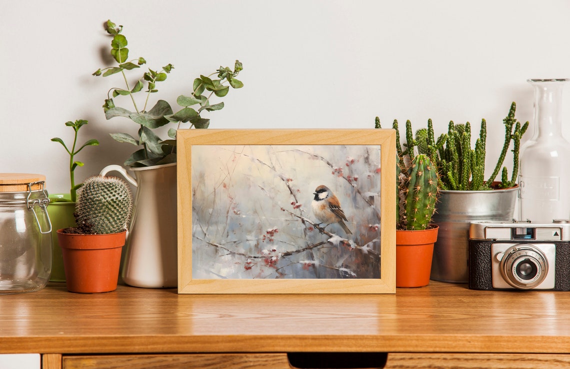 Chickadee on a Snowy Berry Branch Winter Bird Painting Wall Art - Image 2