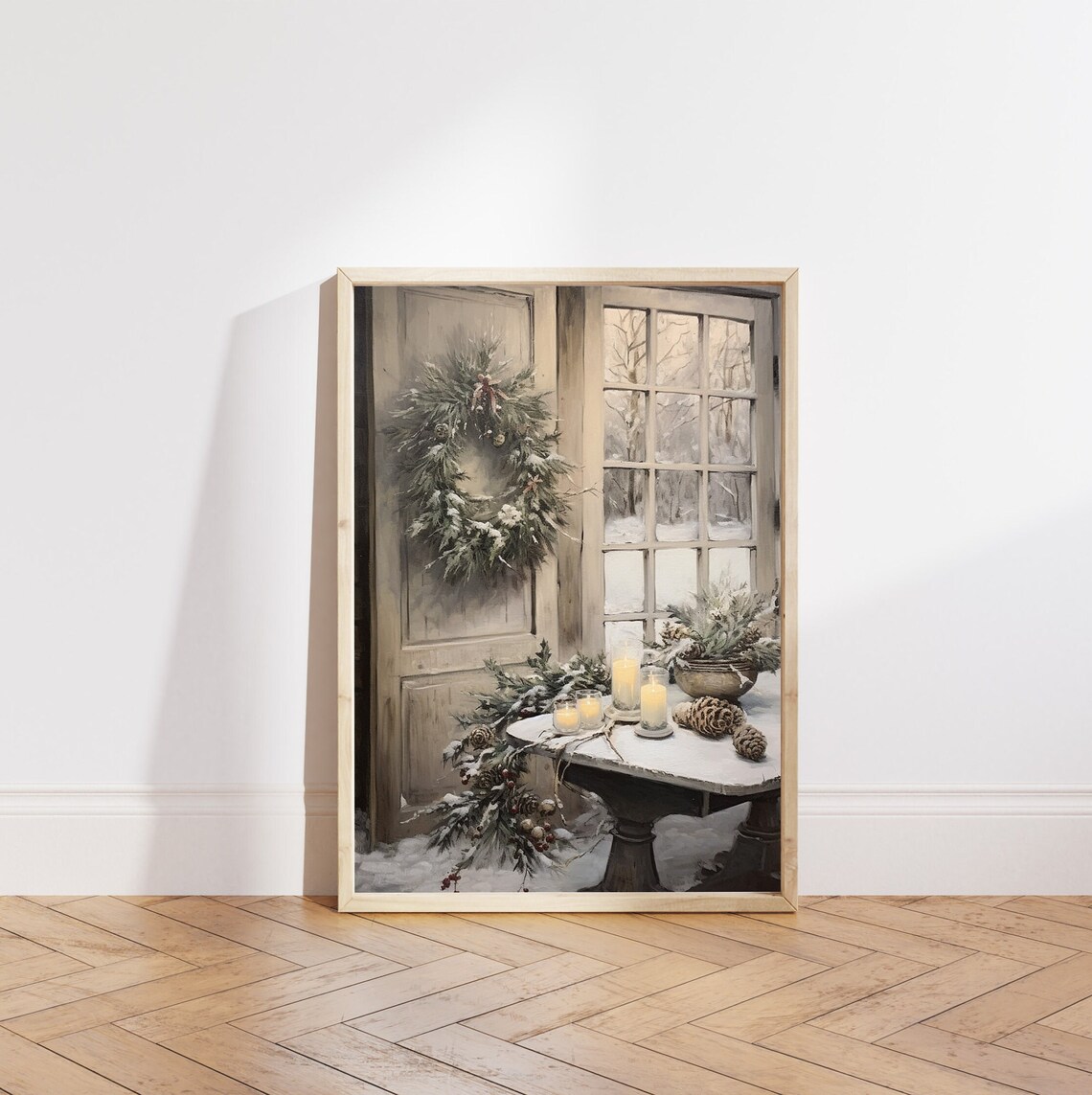 Snowy Wreath on Door by Frosty Window Candlelit Table Poster - Image 5