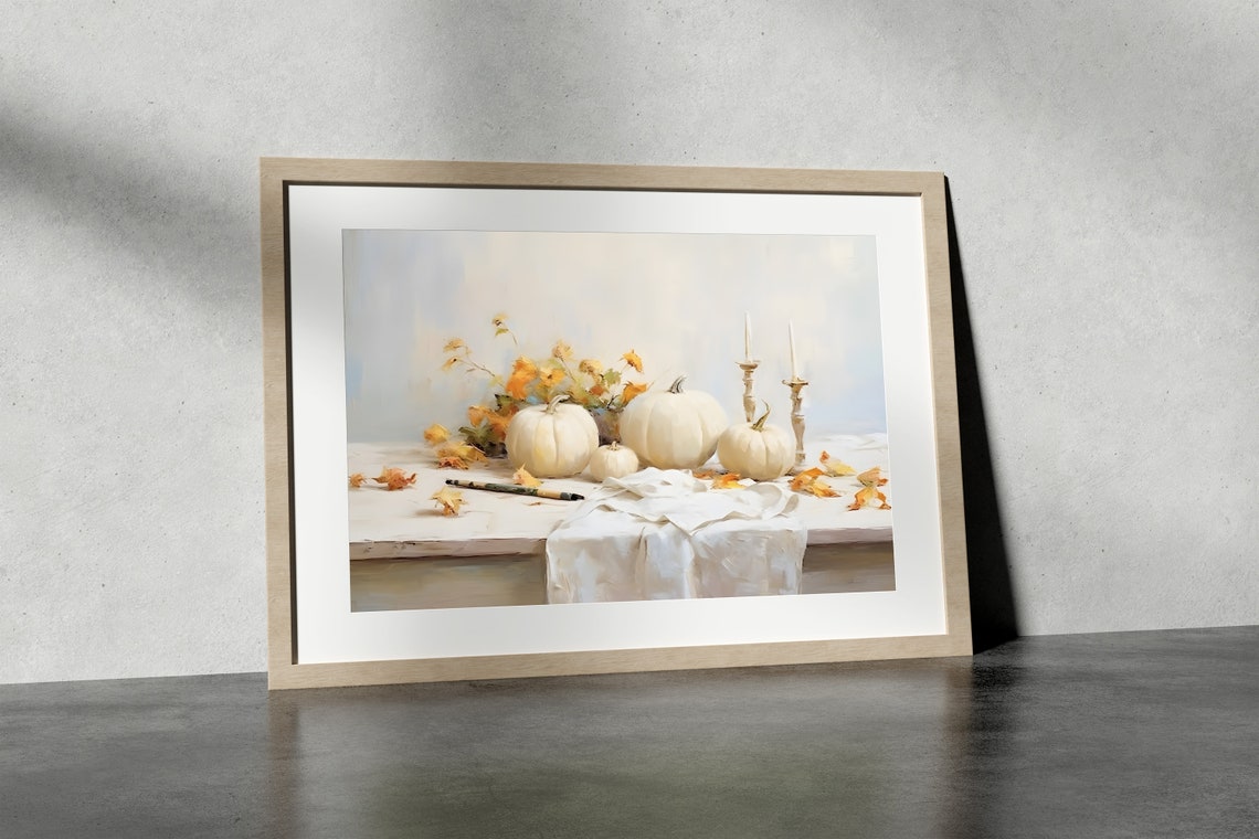 White Pumpkins with Candlesticks Neutral Fall Table Wall Art - Image 3