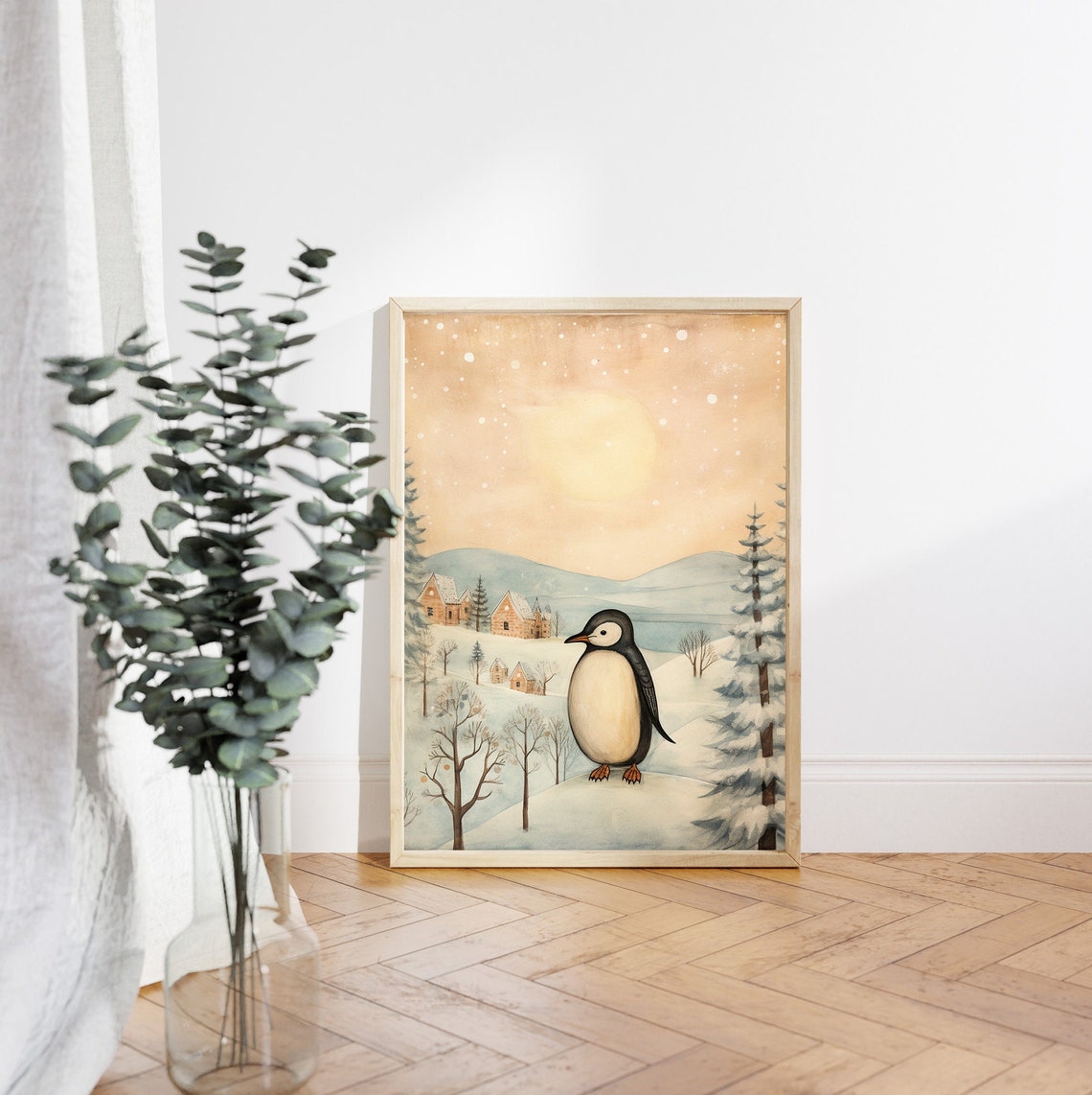 Cute Penguin in Snowy Village Moonlit Winter Watercolor Poster - Image 4