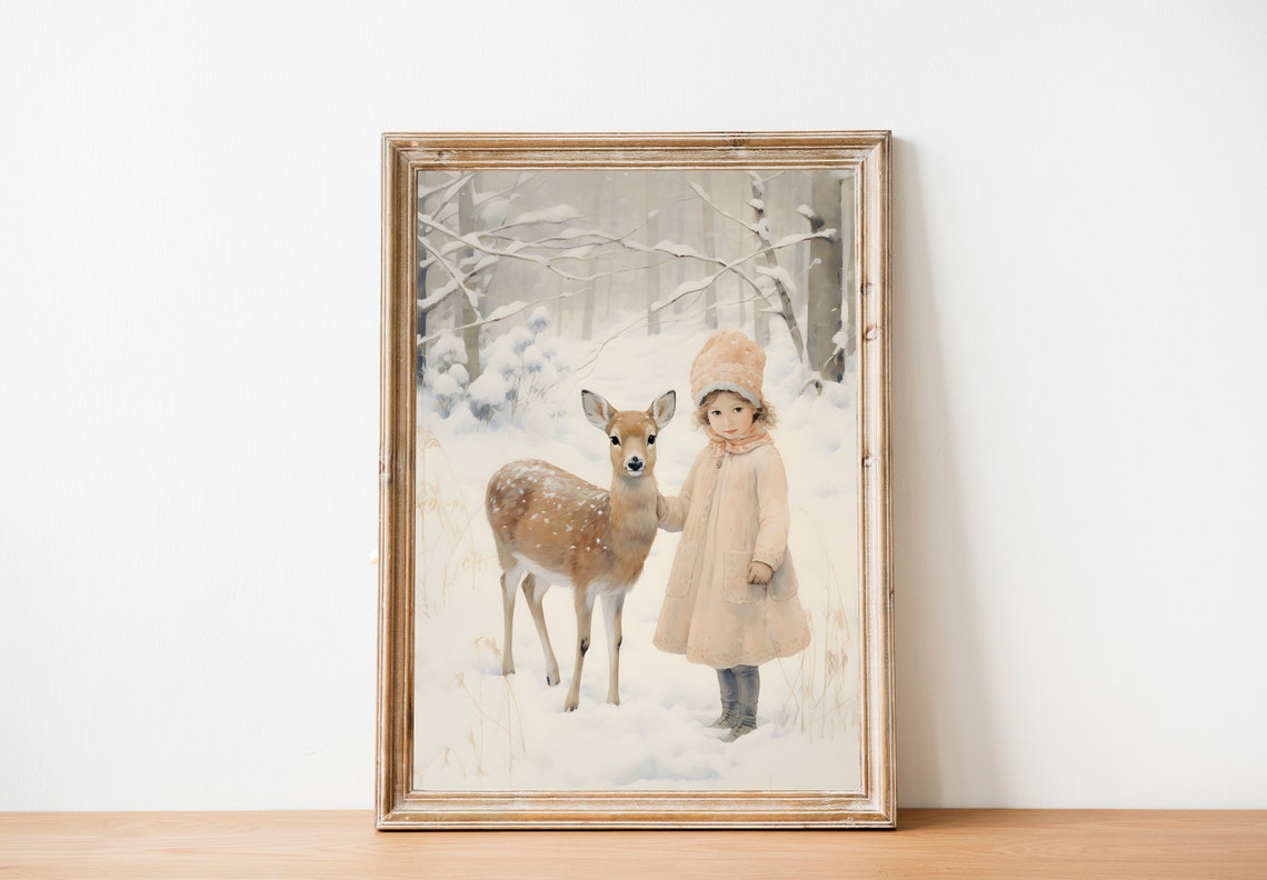 Girl With Deer Winter Illustration Christmas Nursery Wall Art Baby Deer Painting Christmas Nursery Room Decor Woodland Animal Art - Image 2