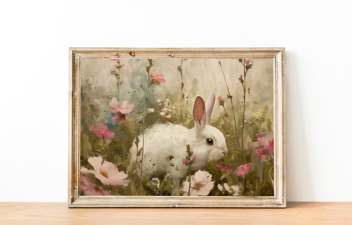 Bunnies in Wildflower Field, Vintage Spring Art Print - Image 2