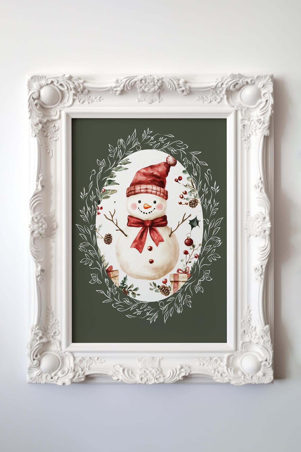 Cute Watercolor Snowman in Red Hat Inside Botanical Oval Frame Poster