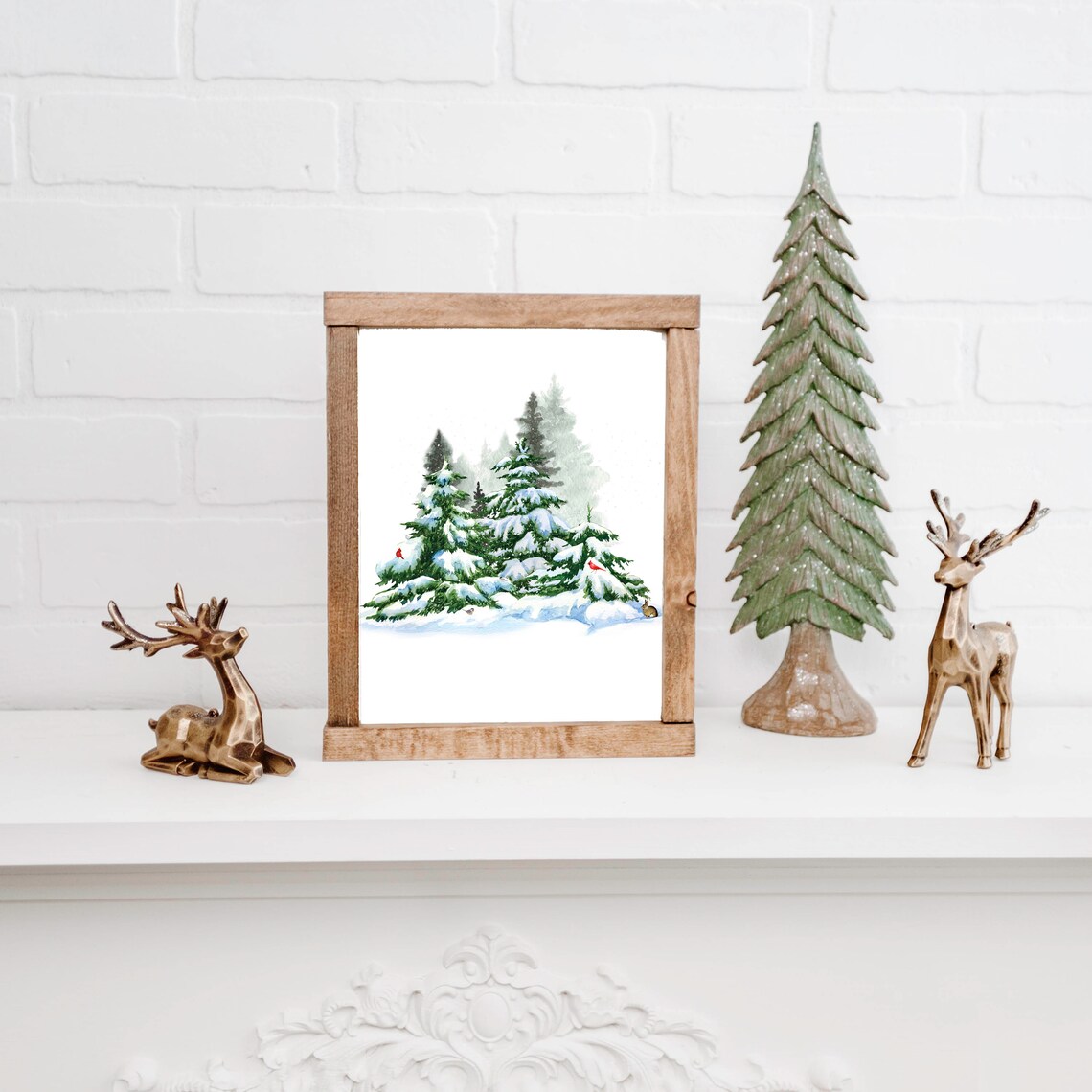 Snowy Evergreen Trees Watercolor Winter Woodland Red Cardinals Poster - Image 3
