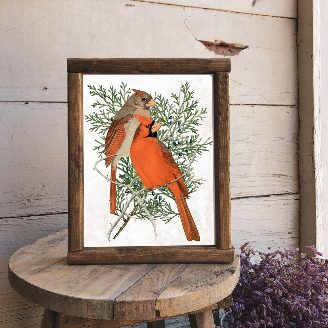 Male And Female Cardinals On Juniper Branch Vintage Bird Wall Art - Image 2
