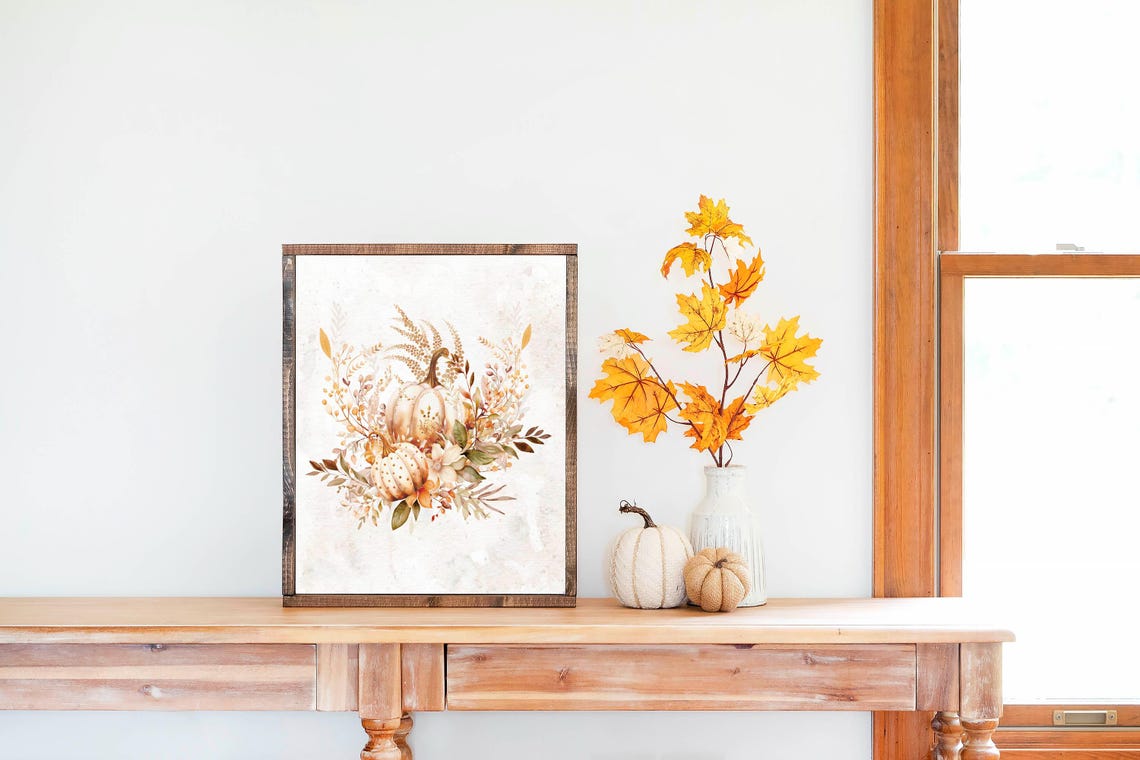 White Pumpkins Autumn Botanical Watercolor Fall Harvest Wall Art - Image 2
