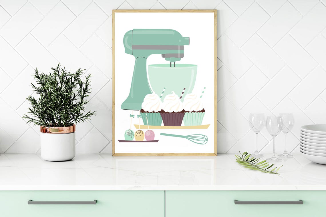 Mint Green Vintage Stand Mixer Cupcakes Kitchen Baking Poster - Image 2