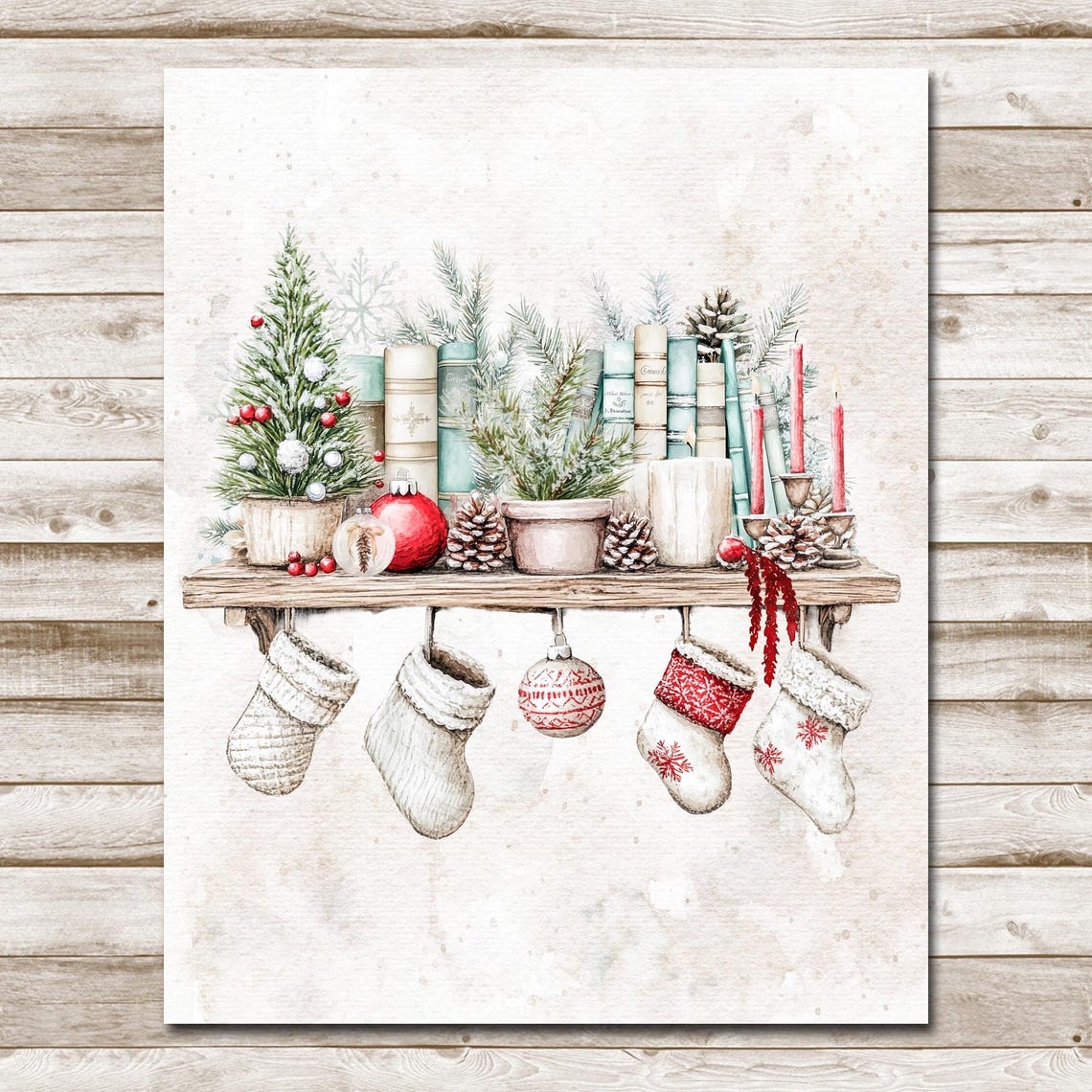 Bookshelf Christmas Wall Art 5x7 8x10 85x11 11x14 16x20 Watercolor Holiday Sign Winter Farmhouse Sign Diy Woodland Decor - Image 4