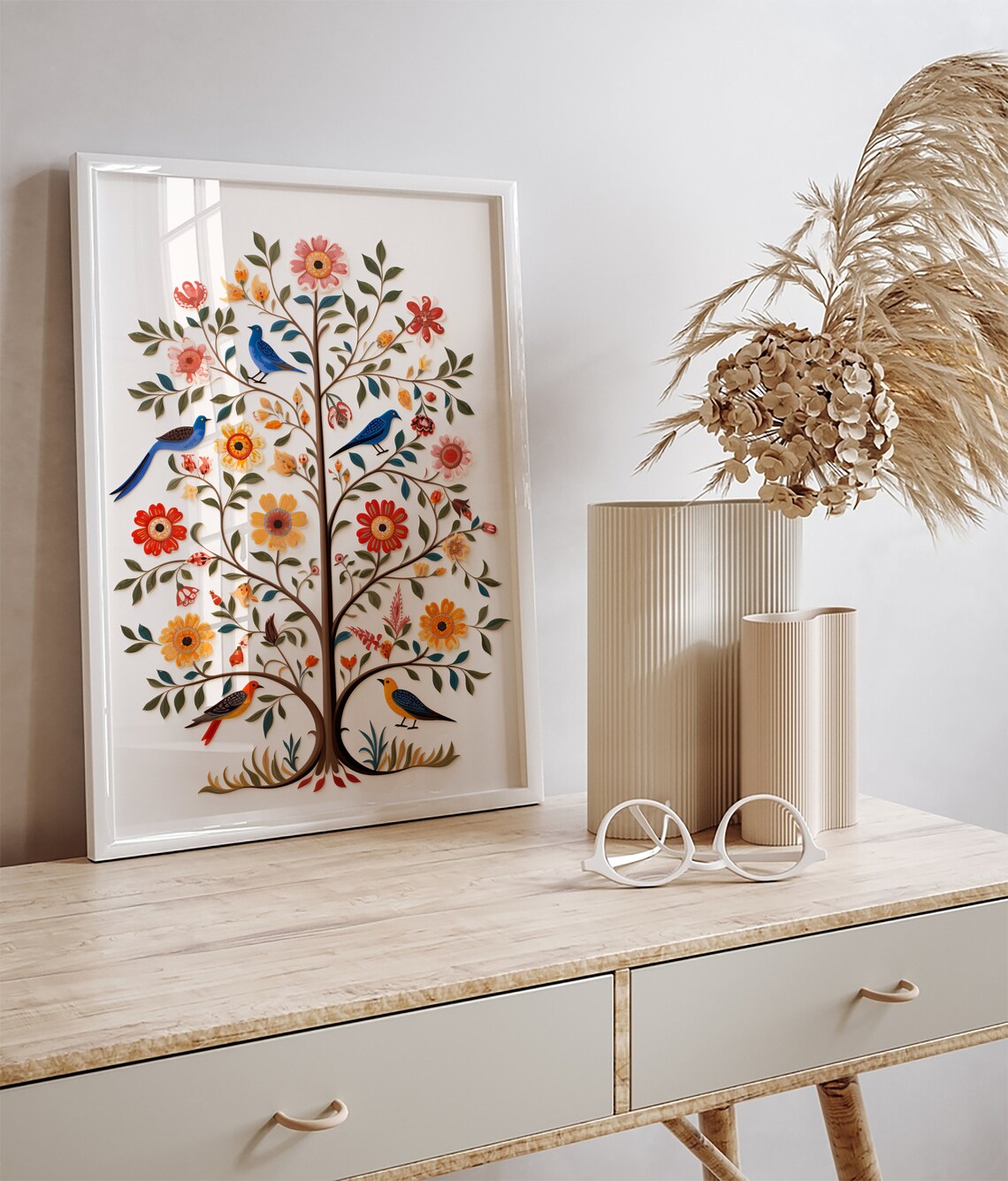 Indian Tree of Life With Colorful Birds and Blooms Folk Art Poster - Image 2