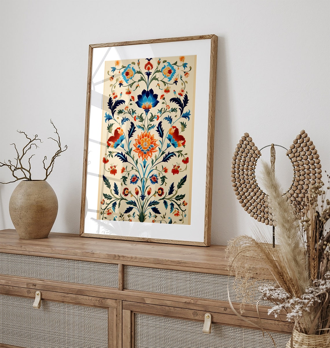 Mughal Orange Blue Floral Motif Palace Painting Style Poster - Image 3