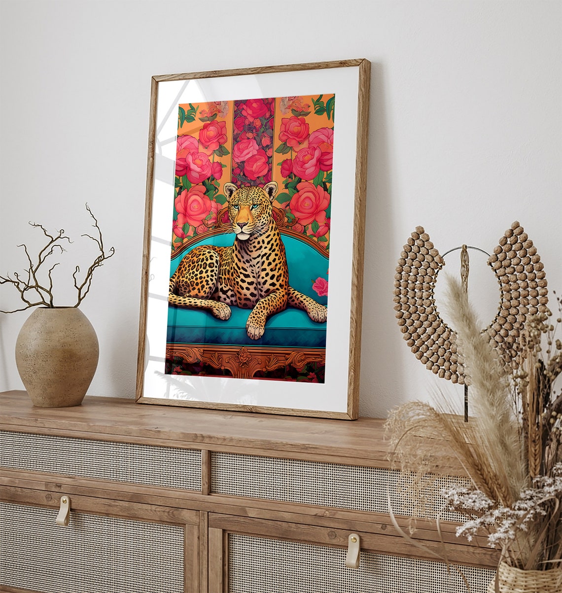 Leopard Lounging on a Teal Couch Maximalist Floral Cat Art Poster - Image 2
