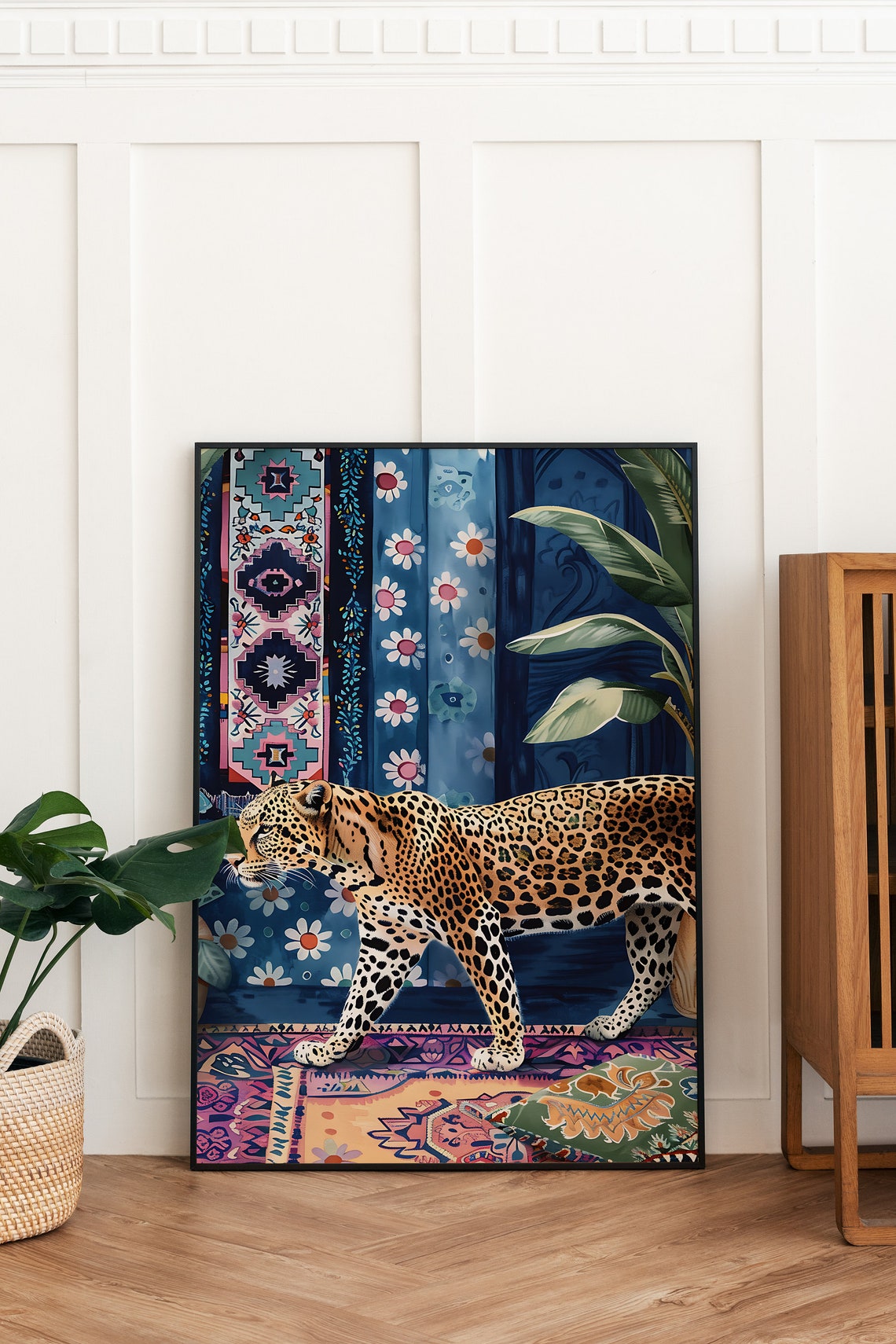 Leopard Walking Blue Floral Interior Patterned Rug Bold Decor Poster - Image 2