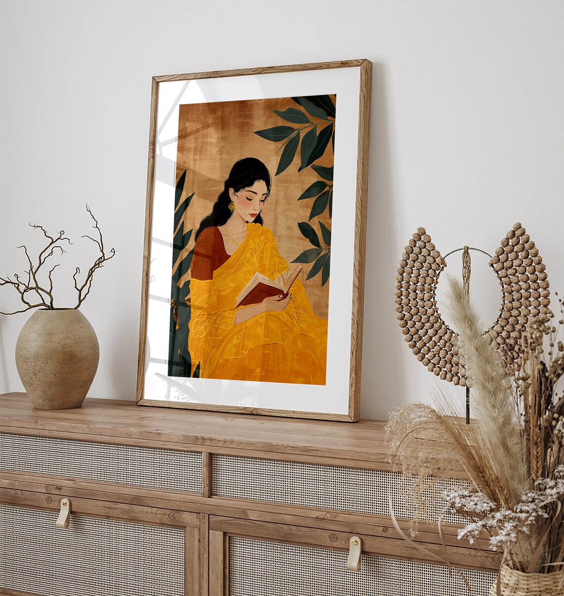 Indian Woman Yellow Saree Reading Book Gold Desi Artwork Poster - Image 2