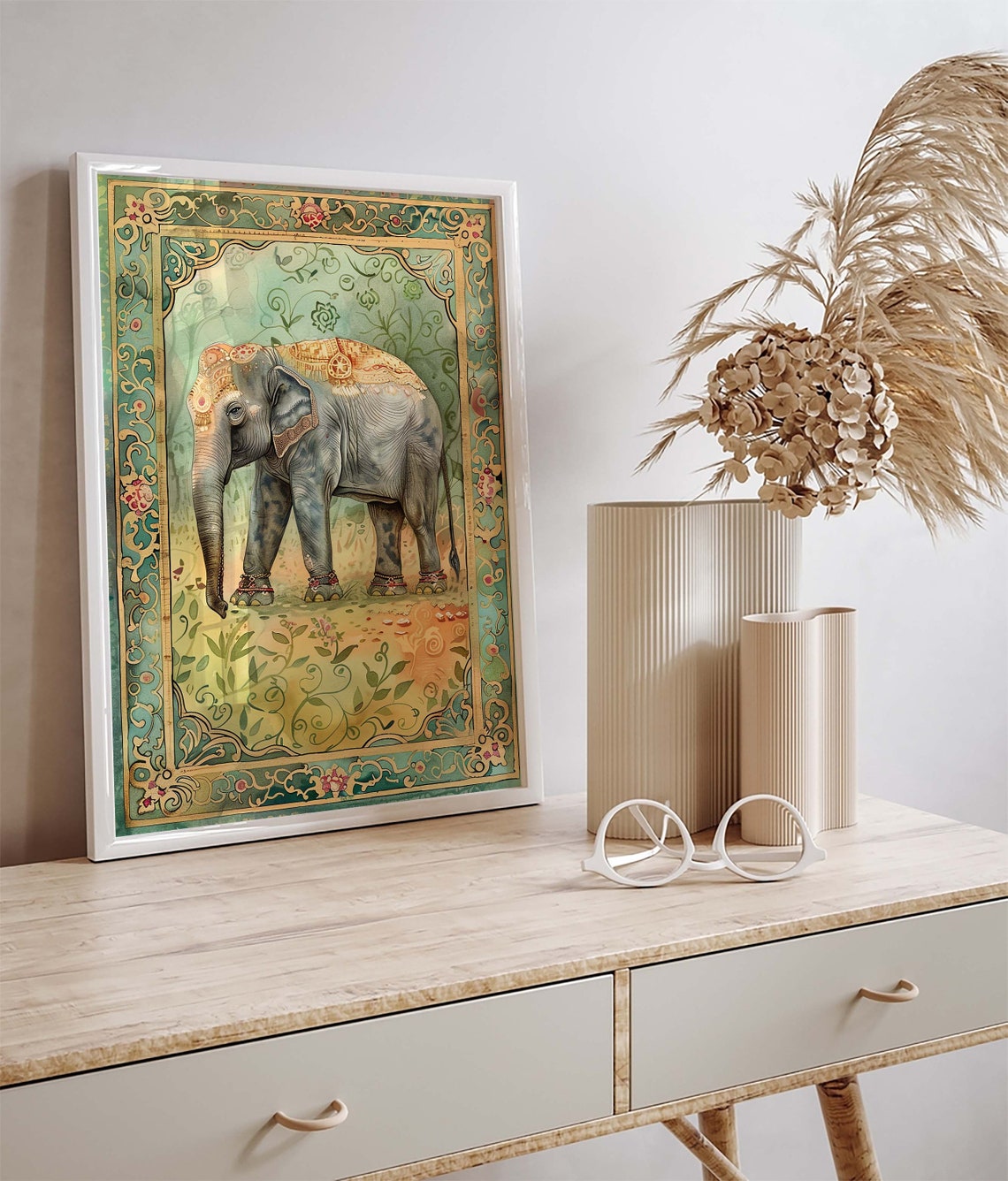 Decorated Indian Elephant Ornate Teal Gold Miniature Style Border Poster - Image 3
