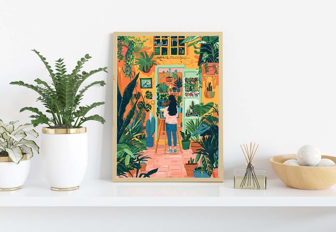 Woman Painting At Easel In A Lush Greenhouse Studio Art Poster - Image 2