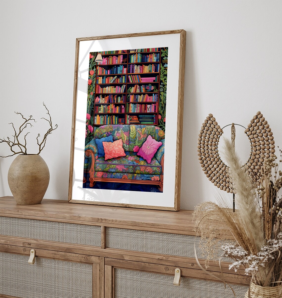 Colorful Library Bookshelf With Floral Patterned Sofa Book Lover Reading Poster - Image 2