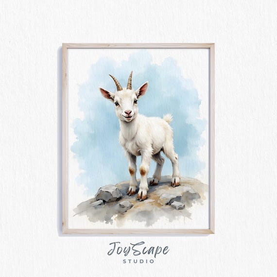 Baby Mountain Goat Kid Watercolor Nursery Wall Art Rustic Farm Animal
