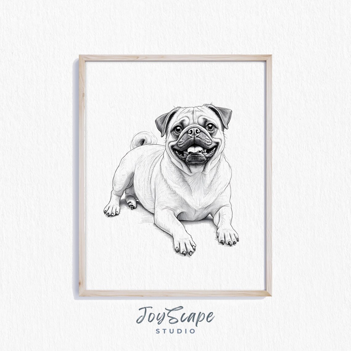 Happy Grinning Pug Portrait Black and White Sketch Dog Poster