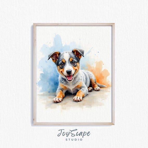 Australian Cattle Dog Puppy Wall Art With Rustic Farmhouse Decor Watercolor Portrait Nursery Pet Painting